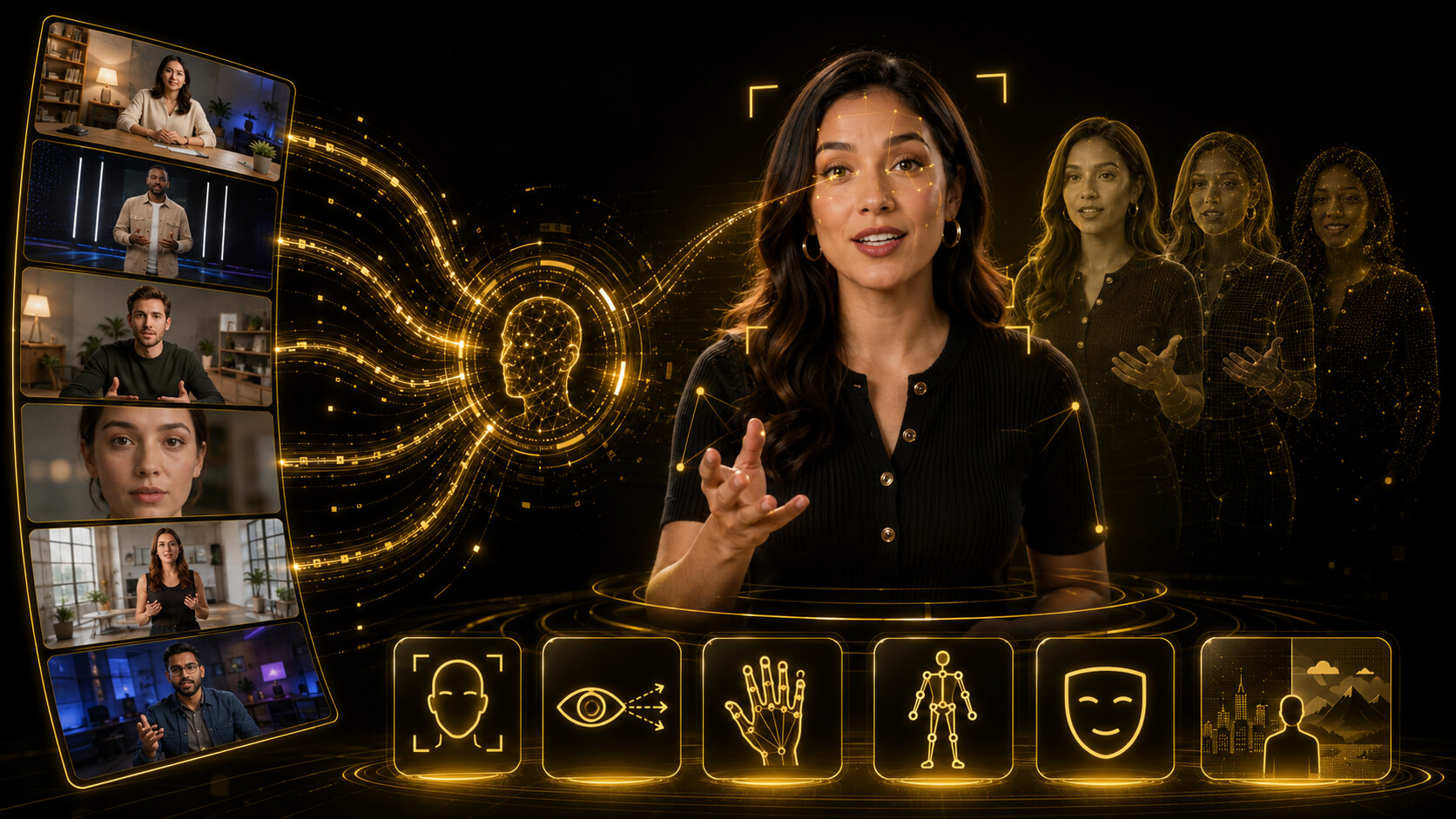 Presenter video footage processed through facial, gesture, and pose tracking into avatar-ready outputs