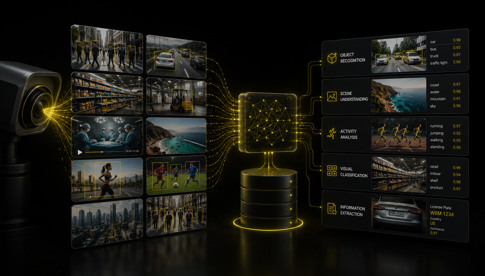 Camera-sourced imagery processed through a vision model into object recognition, scene understanding, and classification outputs