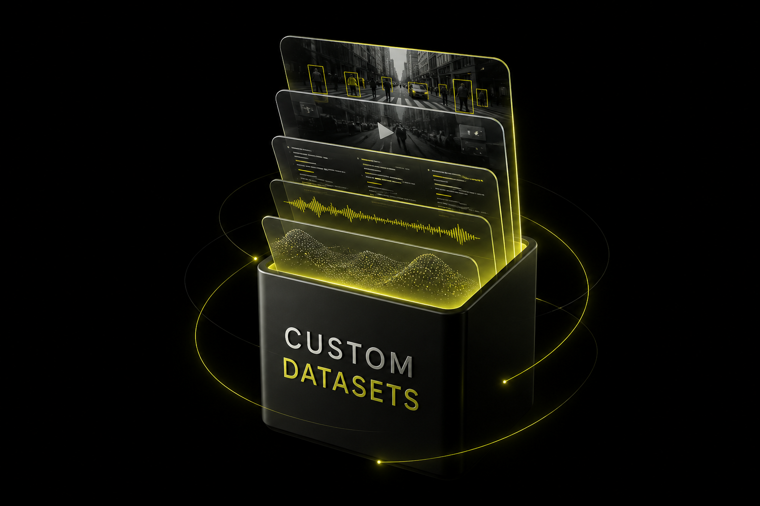 Custom datasets: image, video, text, audio, and structured data assembled to a production brief