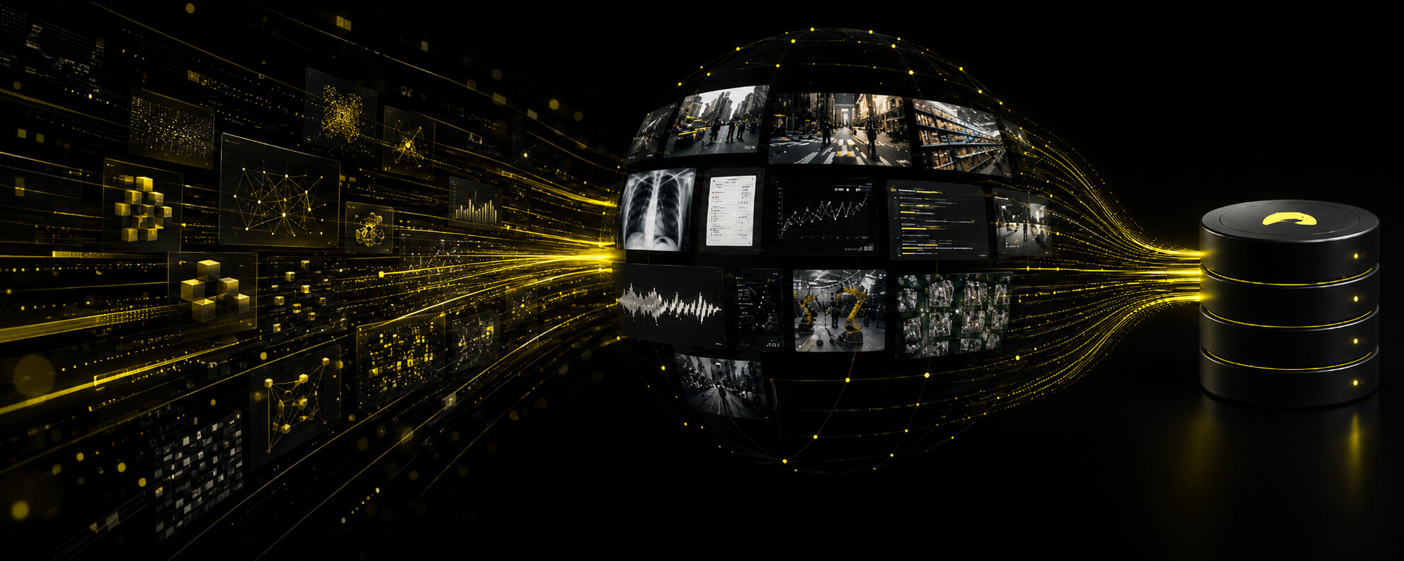Enterprise AI dataset pipeline aggregating multimodal sources into a unified global data repository