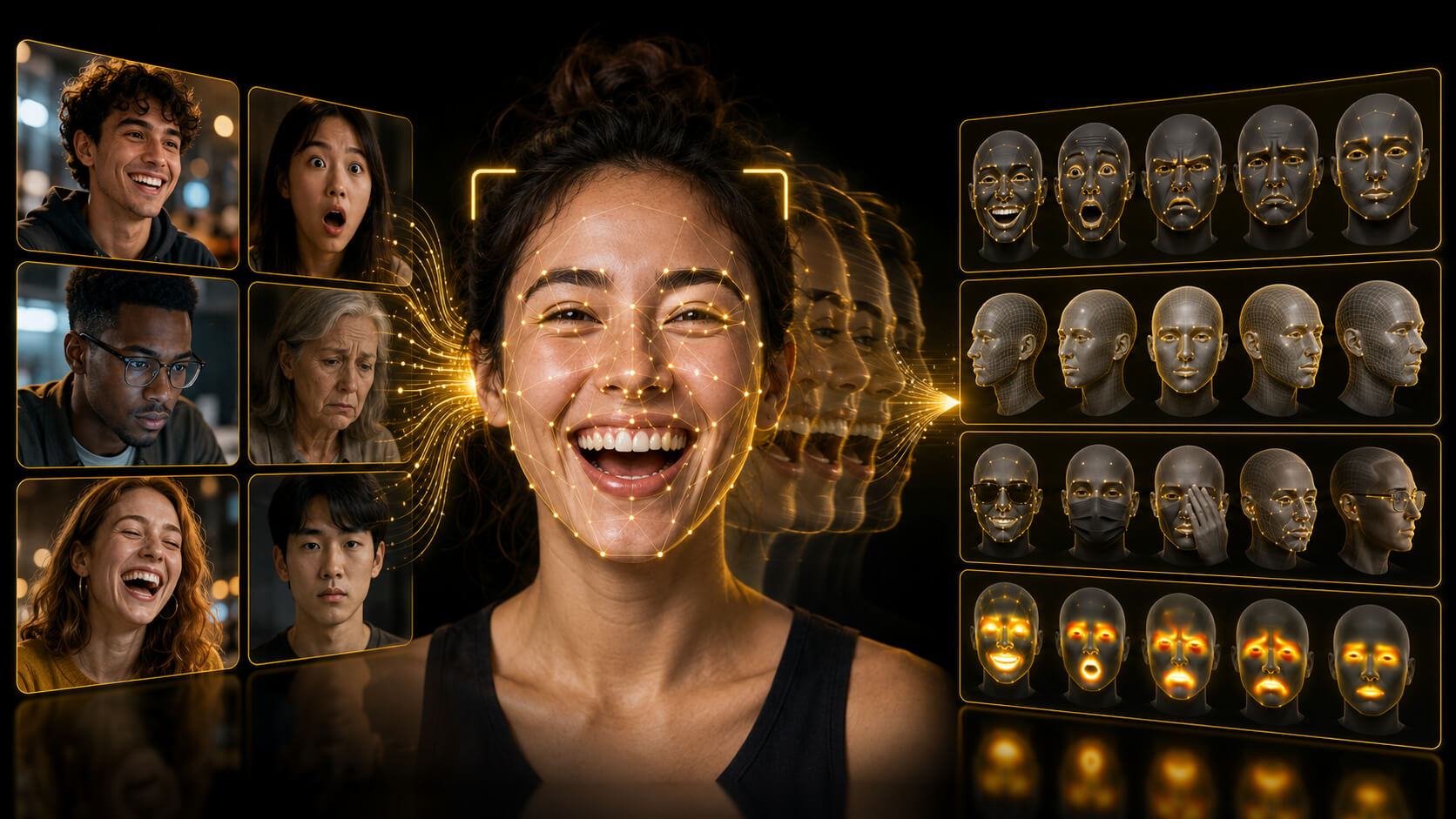 Facial images processed through expression mapping into classified emotion and viewpoint outputs