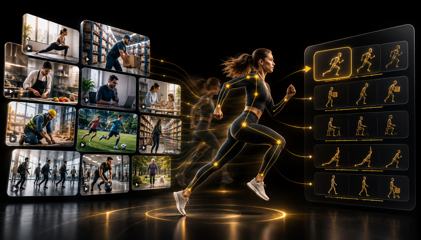 Video clips of human activities processed through pose estimation into categorized movement and action outputs