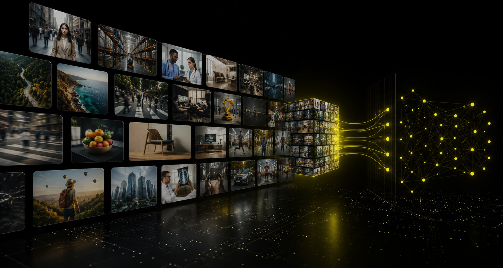 Wall of diverse still images processed into a structured AI-ready dataset network