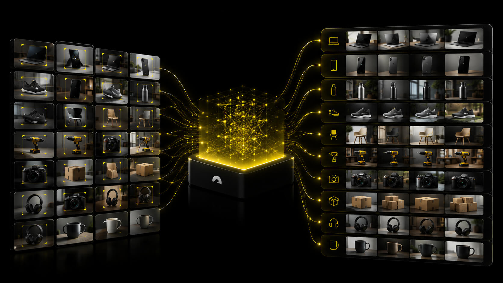 Grid of tagged product and object images processed through a recognition model into categorized visual search results
