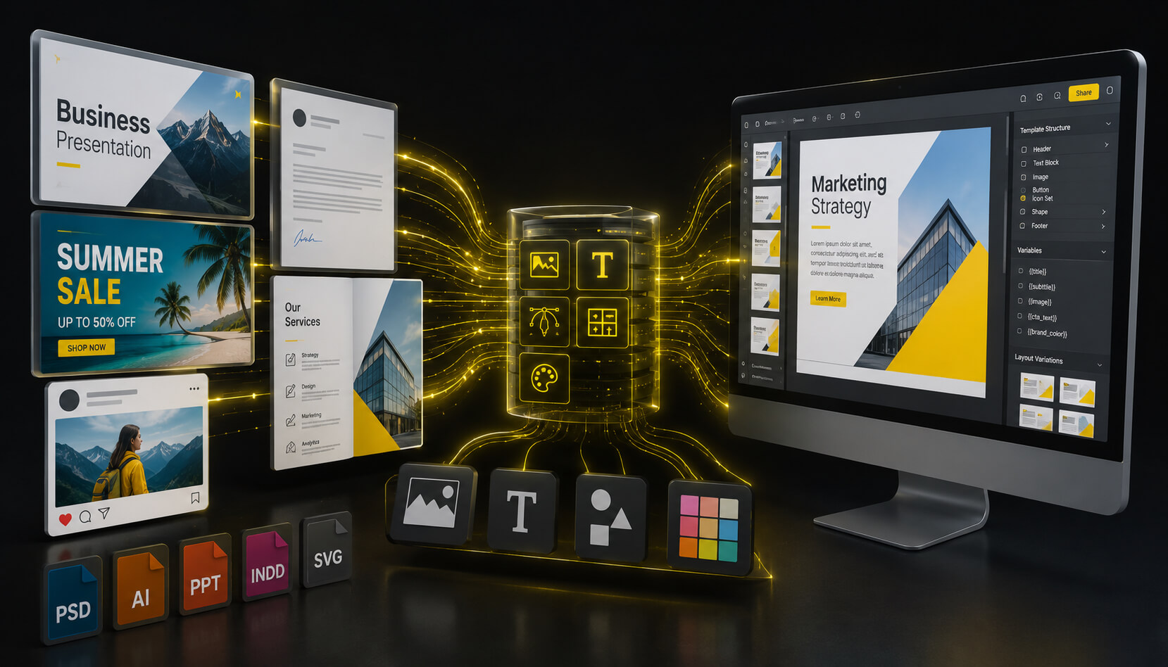 Design template assets across PSD, AI, PPT, and SVG formats processed into structured, variable-driven layouts
