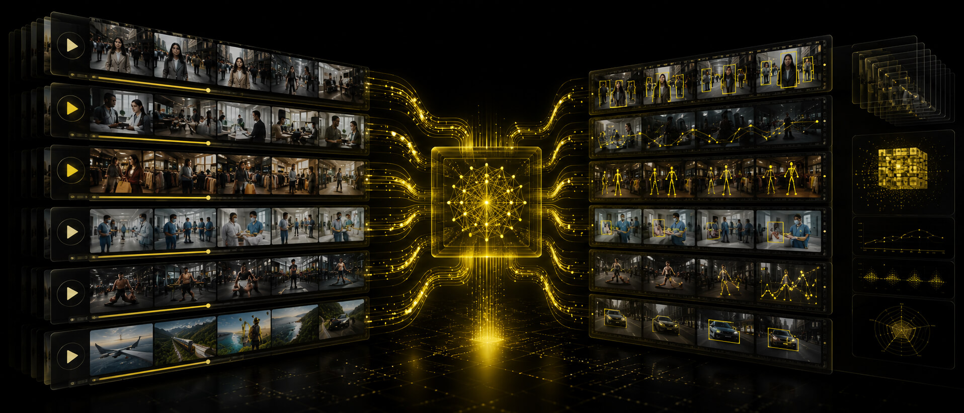 Rows of annotated video clips processed into pose, motion, and object-tracking outputs for AI training