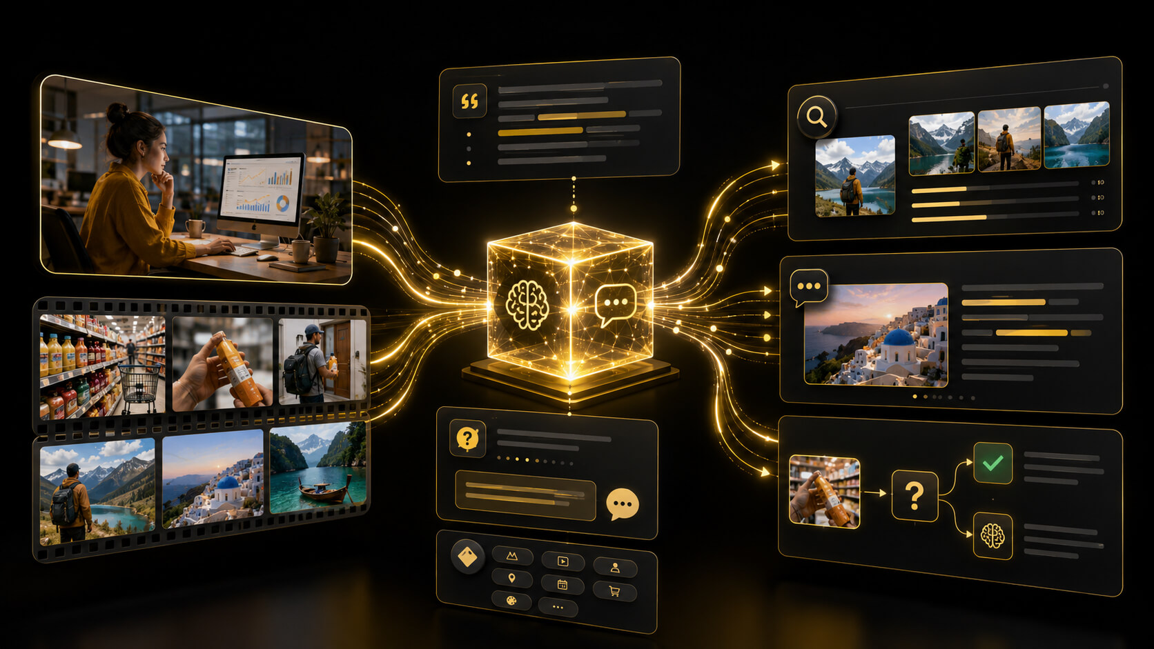Image and video sources processed through a vision-language model into captioned, searchable, and reasoning outputs
